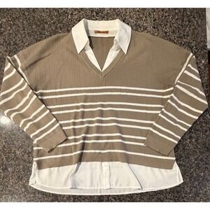 Belldini Womens XL Layered Look Sweater Olive Brown White Striped Mixed Media